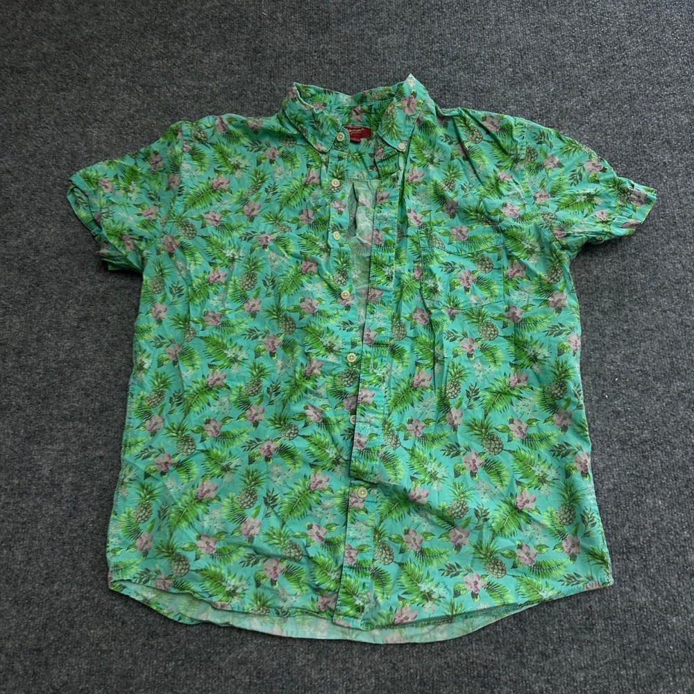 Arizona Jeans Co Shirt Mens Size L Green Tropical Pineapple Hibiscus Cotton S/S